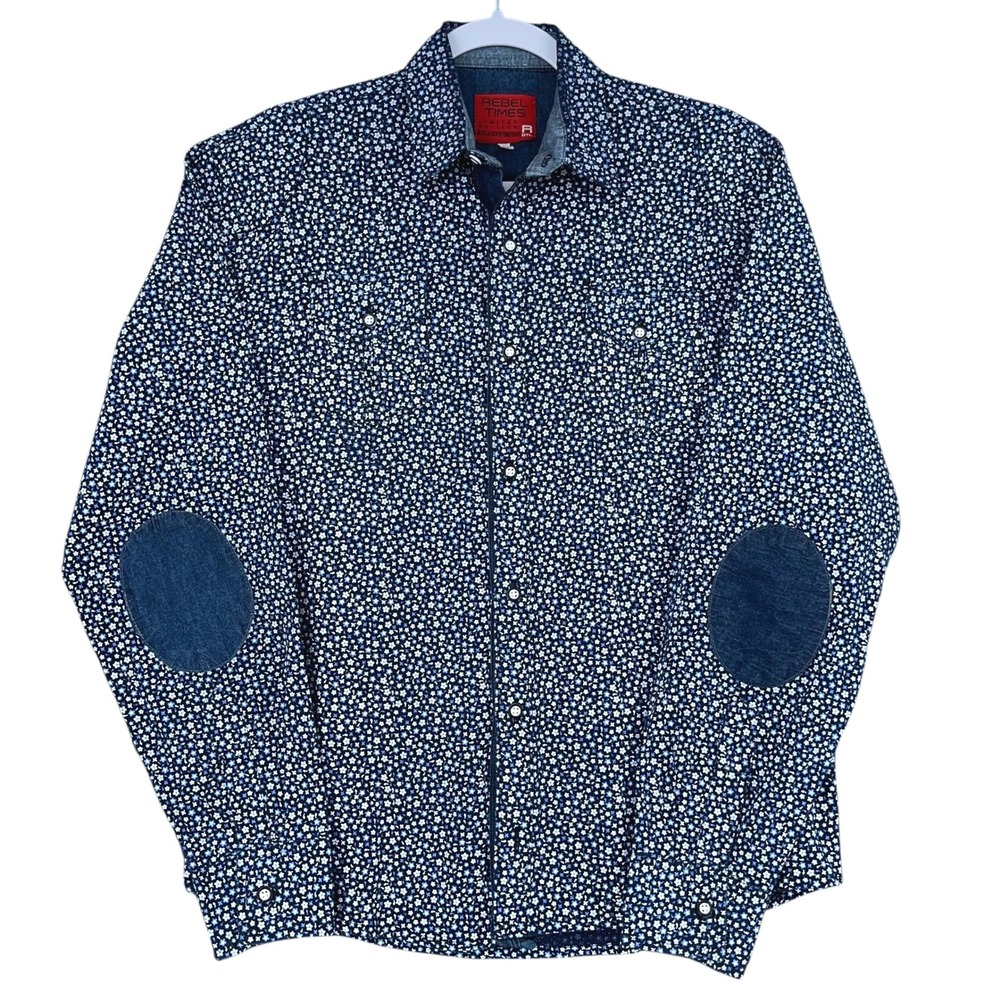 Rebel Times Limited Edition Floral Shirt Denim Elbow Patch Long Sleeve Large‎